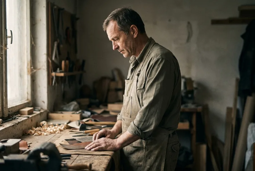 A workshop owner in a canvas apron, standing at his workbench at the end of the day
